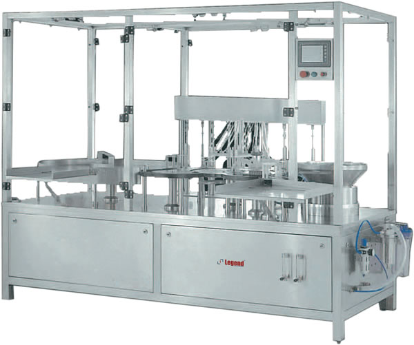 Automatic high speed continuous motion injectable liquid filling machine